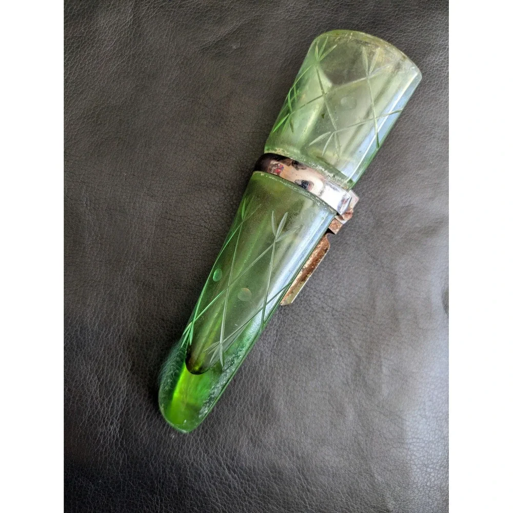 Vintage‎ Green Etched Uranium Glass Car Bud Vase Antique Dashboard Budvase